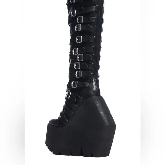 Gothic Black Buckle Strappy Monster Wedge Knee High Platform Boots - 9 - Picture 6 of 17